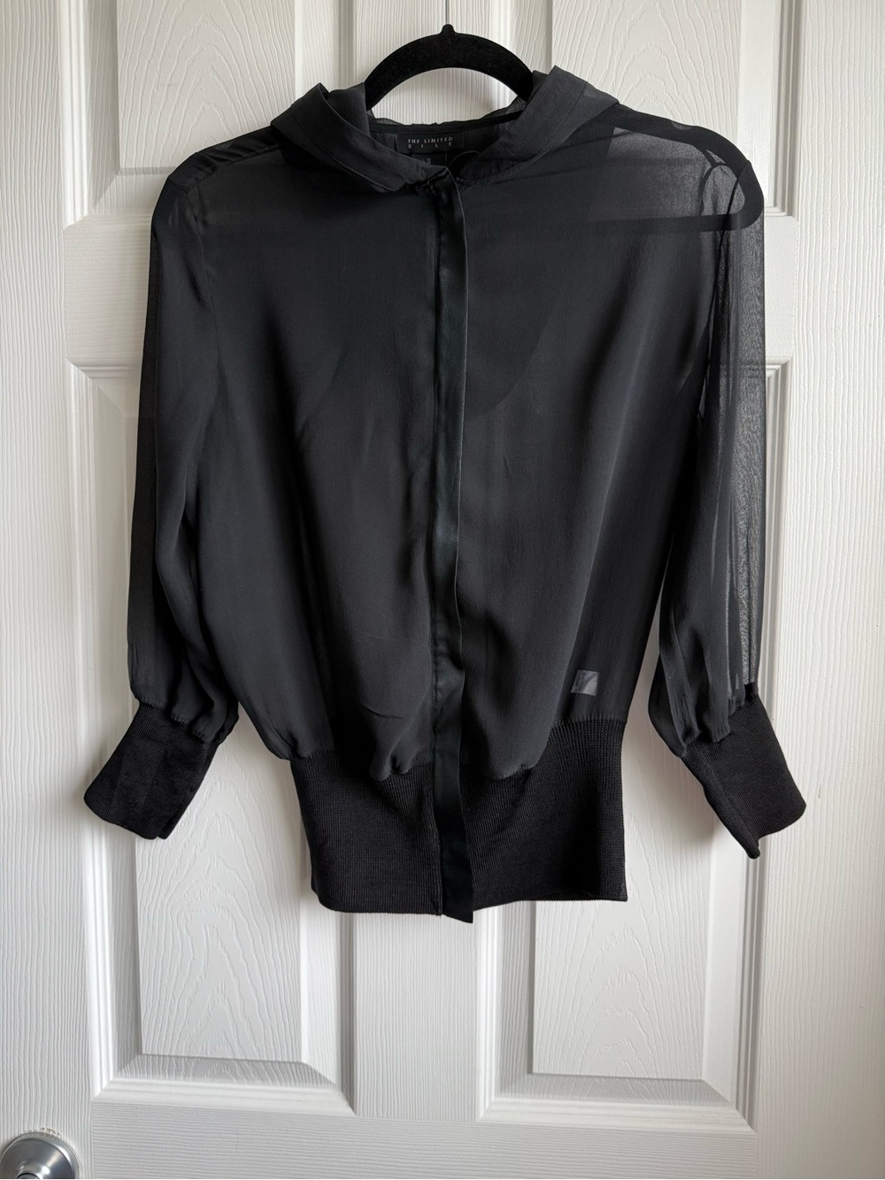 The Limited Black Sheer Chiffon Bomber Blouse Silk Trim Ribbed Hem Size S